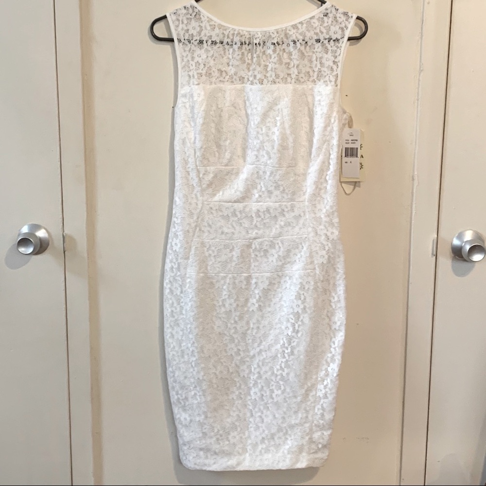 White lace sleeveless knee length pencil dress